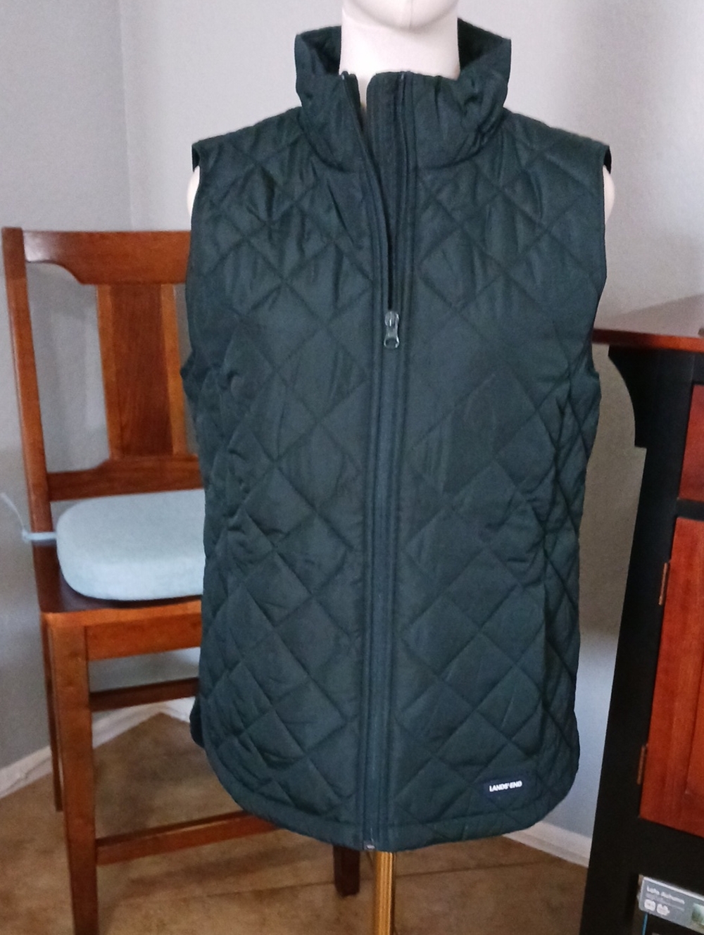 Lands' End- Forest Green Quilted Stand-Collar Vest